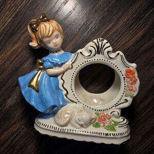 Vintage West German KENTOCK Hand-Painted Porcelain Clock Case Girl & Kitten
